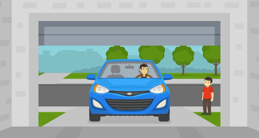 Illustration of a man driving into the garage with a child waiting nearby.